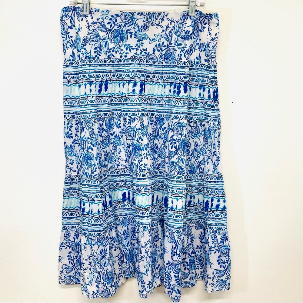 Chaps White and Blue Floral Tiered Midi Skirt